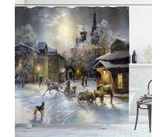 Country Decor Vorhang für die Dusche Set by ambesonne, Winter Landschaft des Western Town bei Nacht in New World rurals in Retro Style Art Print Deco, Badezimmer Zubehör, 190,5 cm lang, Multi