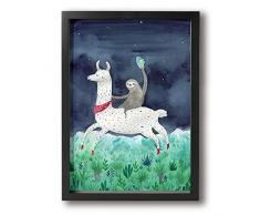 Janvonne Strand Muscheln Seestern Leinwand Wand Art Decor gerahmt Öl Gemälde Bilder Moderne Dekorationen für Wohnzimmer Schlafzimmer Badezimmer Home Decor (A4) Frame Black Sloth Riding Llama