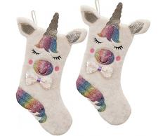 xoyo Weihnachtsstrümpfe, 2 Stück, 45,7 cm, Leinen, Fleecestoff und Flanell, Weihnachtsstrümpfe, Dekoration für Weihnachten, als Party-Geschenk Einhorn