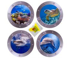 OTDCGI Wandaufkleber, wasserdicht, für Autos, Motorrad, Laptops, Boot, Kofferraum, WC, Kühlschrank, Küche 4 Pcs Porthole Ocean World