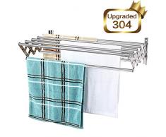 Merya Faltbarer Wäschetrockner Wandhalterung, ausziehbar 304 Edelstahl Wäschetrockner Wäscheständer Badetuchhalter mit Haken, rostfrei Platzsparend Kleiderbügel für Innen und Außen
