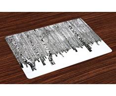 Lunarable Winter Tischsets 4er Set Winter Birkenhain im Wald mit Blattlosen Ästen Landschaft Landschaftsbild Abwaschbar Stoff Tischsets für Esszimmer Küche Tischdeko Braun Weiß