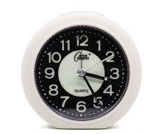 osmofuze Mini Fluoreszierend Schlafzimmer Wecker, Silent geräuschlos Analog Kleine und leichte Quarz Wecker mit Licht, batteriebetrieben Round weiß