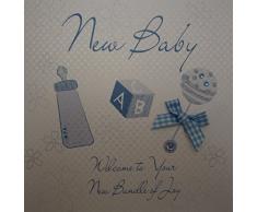 WHITE COTTON CARDS groß blau Rassel Design New Baby Welcome to Your Bundle of Joy handgefertigt Karte