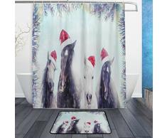 Weihnachten Pferde mit Santa Hat Wasserdicht Polyester Stoff Vorhang für die Dusche (152,4 x 182,9 cm) Set mit 12 Haken und Bad-Teppiche Teppiche (59,9 x 39,9 cm) für Badezimmer – Set von 2