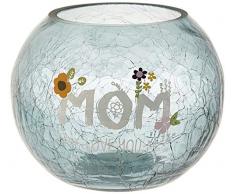 Pavilion Gift Company Mom Love You Kerze mit Blumenmuster, rund, 12,7 cm, Craqueled-Glas-Teelichthalter, Grau