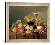 Gerahmtes Bild von Johann Wilhelm Preyer Früchtestilleben mit Sektglas, Kunstdruck im hochwertigen handgefertigten Bilder-Rahmen, 40x30 cm, Silber Raya
