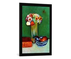 Gerahmtes Bild von August Macke Stilleben mit Blumenstrauß und Pfeife in Blauer Schale, Kunstdruck im hochwertigen handgefertigten Bilder-Rahmen, 50x70 cm, Schwarz matt