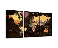 Wanddekoration für das Büro, für Wohnzimmer, 3 Stück, groß, Schwarz / Weiß, Vintage-Weltkarte, Kunstdruck auf Leinwand, Kunstdruck, gerahmt, fertig zum Aufhängen Antik 16x32inches*3pcs Yellow Retro World Map