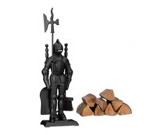 Relaxdays, schwarz Kaminbesteck Ritter, Kamingarnitur Gusseisen, Kaminset 4 teilig, Schaufel, Besen, Schürhaken u Halter, Pulverbeschichtetes, Standard