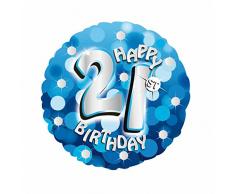 amscan Folienballon Happy Birthday Zahl 21 blau mit Holographic ungefüllt (Ballongas geeignet)