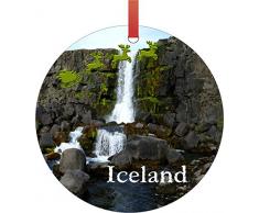 Weihnachtsmann und Schlitten reiten über Bund, Öxarárfoss Wasserfall, Island Semigloss Flach Rund Form Ornament Weihnachtsbaum Weihnachtsdeko - Weihnachten Raumdeko und Ornament Yard Decorations