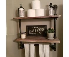 FODUE Industrie-Rohrregal, rustikales Wandregal mit Handtuchstange, 61 cm Handtuchhalter für Badezimmer, Rohrregale, Holzregal 2-Layer Retro Color