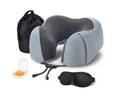 Jibin Bong [Upgrade Version Reisekissen 100% reiner Memory-Schaum Nackenkissen Kopfstütze – bequemer und atmungsaktiver Bezug, maschinenwaschbar, Auto Flugzeug Reise Kit 11.8L x 11.02W x 3.9H grau