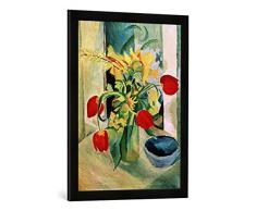 Gerahmtes Bild von August Macke Stilleben mit Tulpen, Kunstdruck im hochwertigen handgefertigten Bilder-Rahmen, 50x70 cm, Schwarz matt