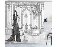 Teen Room Decor Vorhang für die Dusche von ambesonne, Sexy Fashion Frau in viktorianischer Palace mit Hund Barock Illustration, Stoff Badezimmer Decor Set mit Haken, dunkelgrau weiß, Textil, Multi 1, 69W x 70L