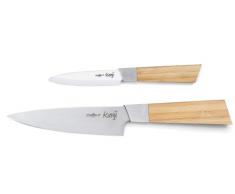 COOKUT KANJI01 Messer-Set aus Keramik mit Bambusgriff und Klinge aus rostfreiem Stahl, bestehend aus Küchenmesser (10 cm), Kochmesser (15 cm), Plexiglas-Halterung
