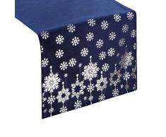 Eurofirany Tischdecke Tischläufer Tischdekoration Tischband Tischtuch Weihnachten Christmas Tischdeko Schneeflocken, Marineblau, 40x140cm