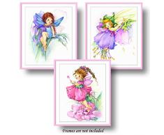 7dots Art. Flower Fairy. Watercolor Kunstdruck, Poster 20,3 x 25,4 cm auf feinem Art Dick Aquarell Papier für Kinder Kinder Zimmer, Schlafzimmer, Bad. Wand Art Decor mit Feen für Jungen, Mädchen. Modern 8x10 Set of 3 (1)