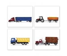 AtoZStudio Kinderzimmerdekoration für Jungen, 4-teiliges Set // Semi Truck Traktor Dump and Tinder Truck // Junge Cars Wandposter // Transport // Baugeburtstag // Bauernhof Schlafzimmer Bilder 8x10 Set 4 lang