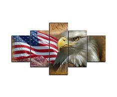 5 Panels amerikanische Flagge Wanddekoration Bald Eagle USA Flagge Leinwandbild, Kunstdruck, Heimdekoration, Leinwand, Kunstdruck, amerikanische Flagge, gemälde, Ölgemälde, gerahmt Retro 50W x 24H 3
