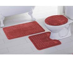 Elegant Homes 3-teiliges Badezimmerteppich-Set, Badematte, Konturmatte, Deckelbezug, rutschfest, mit Gummi-Rückseite, griechisches Design, einfarbig # Laura rot