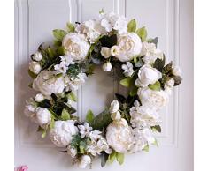 WooooW Ltd Kranz mit Pfingstrose, Hortensien, künstlicher Pfingstrose, Türkranz mit grünen Blättern, für Haustür, Hochzeit, Wand, Heimdekoration