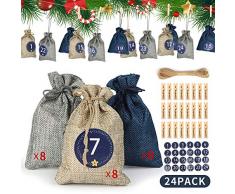 EZESO ESSENTIAL SKINCARE Adventskalender Geschenktüten, 24 Stück, Beutel mit Kordelzug, Jute, Süßigkeitentasche, Dekorationen mit 24 Zahlenaufklebern, 24 Holzclips, 10 m Hanfseil Sackleinen B