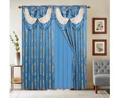 Gardinenvorhang, Jacquard-Fenster, 213,4 cm lang, mit befestigtem Volant, durchscheinende Rückseite + Quasten, traditionelles 213 cm Vorhang-Set für Wohnzimmer, Esszimmer oder Terrassentüren, schwere Qualität 84 Length blau