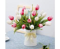 YILIYAJIA Künstliche Tulpen Blumen mit Keramik Vase Fake Tulip Brautschmuck Blumensträuße Real Touch Blumen Arrangement für Home Tisch Hochzeit Büro Dekoration Weiß/Rot