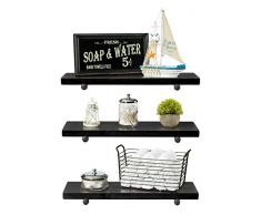 Rustikales Bauernhaus Holzregal, 3 Etagen, mit schwarzen Rohrhalterungen 3 Tier Schwarz, matt