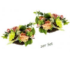 Teelichthalter / Windlicht mit Glaseinsatz im Kranz aus Rattan, dekoriert mit künstlichen Ranunkeln, Blumendekor und Vogel. Dekokranz, Kerzenhalter, Frühlingskranz, Teelichtkranz, Osterdeko, 2er Set