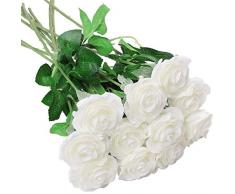 Aneco Künstliche Seidenrosen, Kunstblume mit Blatt und Kunststoffstiel, Brautstrauß für Hochzeit, Valentinstag, Muttertag, Garten, Heimdekoration weiß