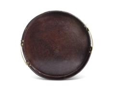 K&K Interiors 15878A-2 Tablett, rund, Leder, mit Bronze-Griffen, 40 cm, Braun