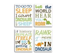 HPNIUB Aquarell-inspirierende Schriftzüge, Kunstdrucke, Set mit 4 Stück, 20,3 x 25,4 cm, Wildtier-Dinosaurier, Typographie, Leinwand, für Kinderzimmer, Kinderzimmer oder Klassenzimmer, ohne Rahmen