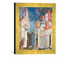 Gerahmtes Bild von Giotto di Bondone Der HL. Franziskus befreit die Stadt Arezzo von Dämonen, Kunstdruck im hochwertigen handgefertigten Bilder-Rahmen, 30x30 cm, Gold Raya