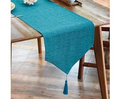 Balcony & Falcon Leinen-Tischläufer, waschbar, wasserdicht, abwischbar, Heimdekoration, Tischdecke für Esszimmer, Küche 14x120inch Blaue Quaste