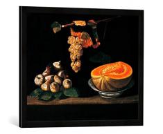 Gerahmtes Bild von Baltazar Gomes Figueira Stilleben mit Feigen, Weintraube und Melone, Kunstdruck im hochwertigen handgefertigten Bilder-Rahmen, 70x50 cm, Schwarz matt