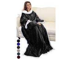 Katalonien Sherpa Fleece Kuscheldecke mit Ärmeln und Tasche, tragbar Micro Plüsch Warm Ärmeln TV Decke/Überwurf Bademantel für Erwachsene Damen und Herren Große 182,9 x 139,7 cm schwarz