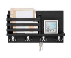 Dahey Wandmontierter Briefhalter aus Holz mit 4 doppelten Schlüsselhaken und einem schwebenden Regal, rustikale Heimdekoration für Eingangsbereich oder Schlamm schwarz