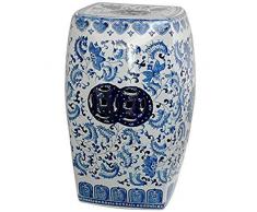 ORIENTAL FURNITURE Orientalische Möbel, quadratischer Gartenhocker, Porzellan, Blumenmuster, Blau/Weiß