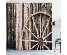 Barn Holz Wagon Rad Vorhang für die Dusche von ambesonne, Holz Barn Tür und Vintage rostigen Rad Rustikal Home Farm, Stoff Badezimmer Decor Set mit Haken, schwarz hellbraun, Textil, Multi 1, 69W x 70L