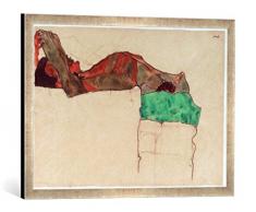 Gerahmtes Bild von Egon Schiele Liegende männlicher Akt mit grünem Tuch, Kunstdruck im hochwertigen handgefertigten Bilder-Rahmen, 70x50 cm, Silber Raya