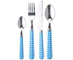 Edelstahl Besteck-Set für 6 Personen Essbesteck 24-tlg Tafelbesteck Besteckset (Kunststoff-Griff Blau Weiß Kariert, Menuebesteck, Messer, Gabel, Löffel)