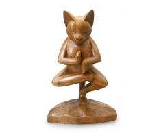 NOVICA 182527 Vrkasana Yoga Kitty Holzskulptur