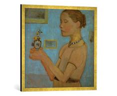 Gerahmtes Bild von Paula Modersohn-Becker Junges Mädchen mit gelben Blumen im Glas, Kunstdruck im hochwertigen handgefertigten Bilder-Rahmen, 70x70 cm, Gold Raya