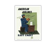 Ostküste – Washington, Baltimore, New York, Boston, Providence, New England – American Airlines – Vintage Airline Travel Poster von Edward McKnight Kauffer c.1948 – Master Kunstdruck Antik 9 x 12