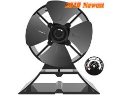 KINDEN Mini-Holzofenventilator mit 4 Klingen, 13,2 cm Höhe, für kleine Räume, umweltfreundlich, mit Ofenthermometer (Aluminium Schwarz, Mini Größe)