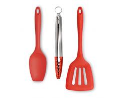 Zeal JSET27R Antihaft-Silikon-Teigschaber, Löffel, Kochzange und Pfannenwender, 3-teiliges Set, Rot
