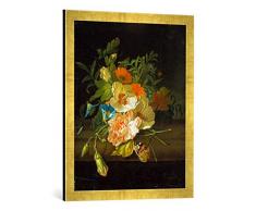 Gerahmtes Bild von Rachel Ruysch Blumenstilleben mit Schmetterlingen auf Einer Steinbank, Kunstdruck im hochwertigen handgefertigten Bilder-Rahmen, 50x70 cm, Gold Raya
